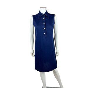Vintage 60s Shift Dress Womens M Navy Blue Sleeveless Collared Button Down